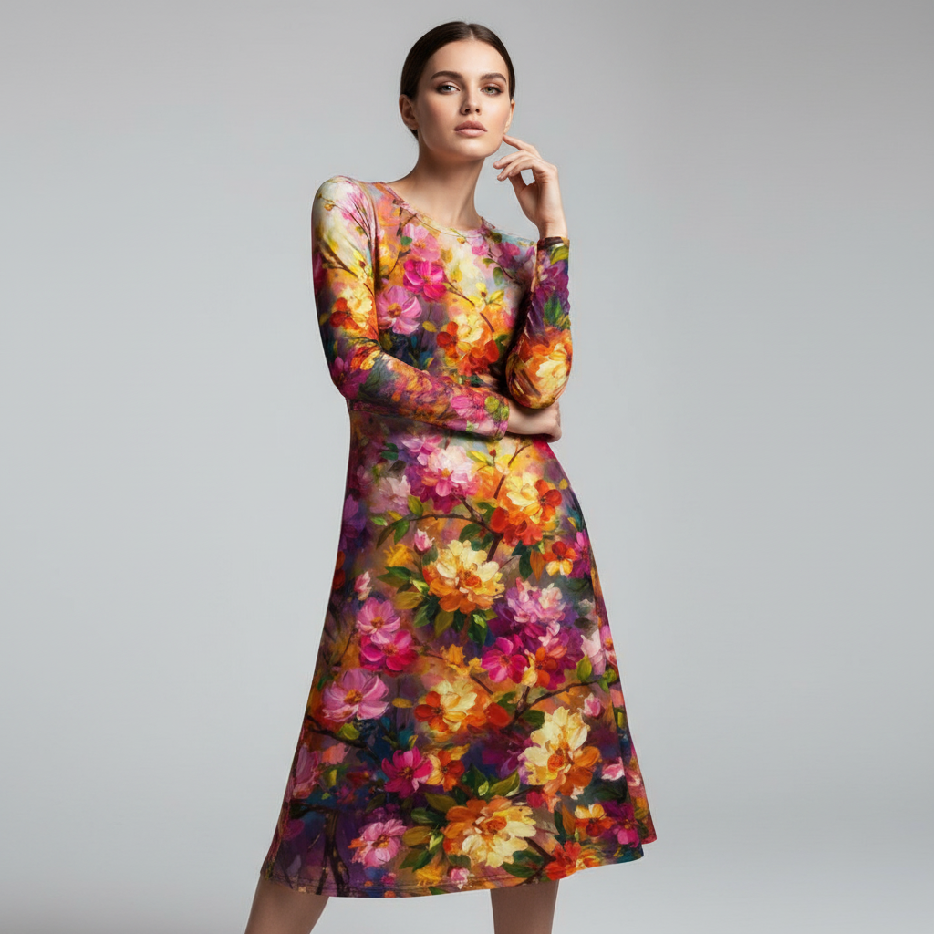 All-over print long sleeve midi dress 237