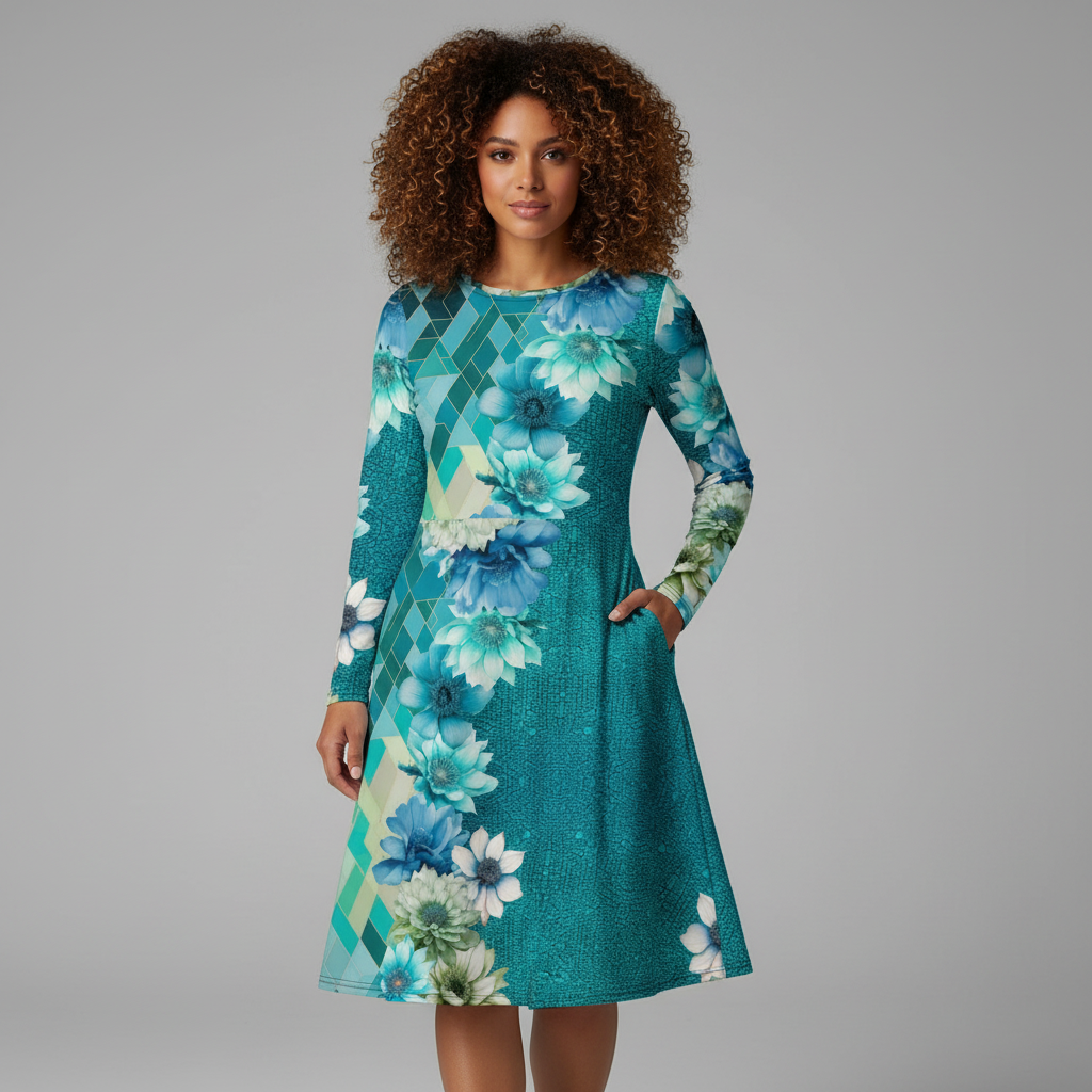 All-over print long sleeve midi dress 159B2