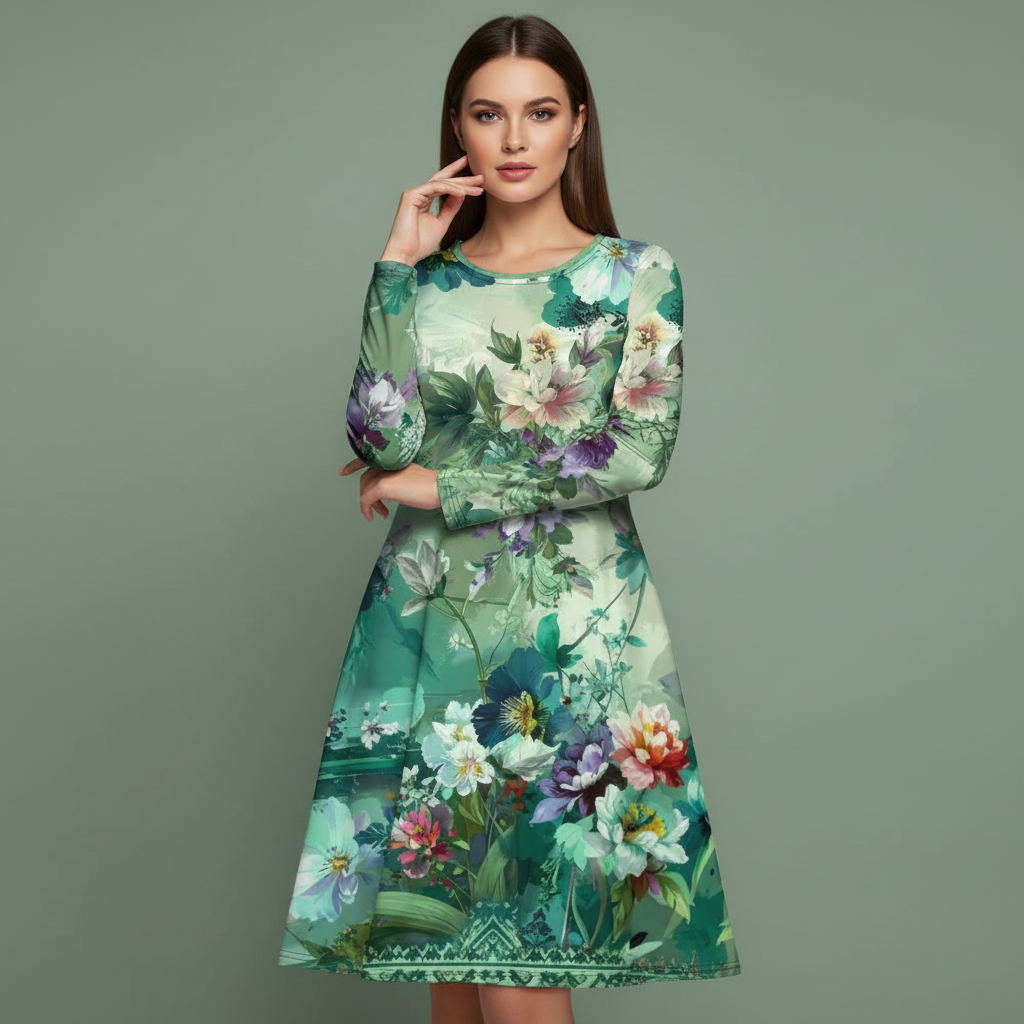 All-over print long sleeve midi dress 128B