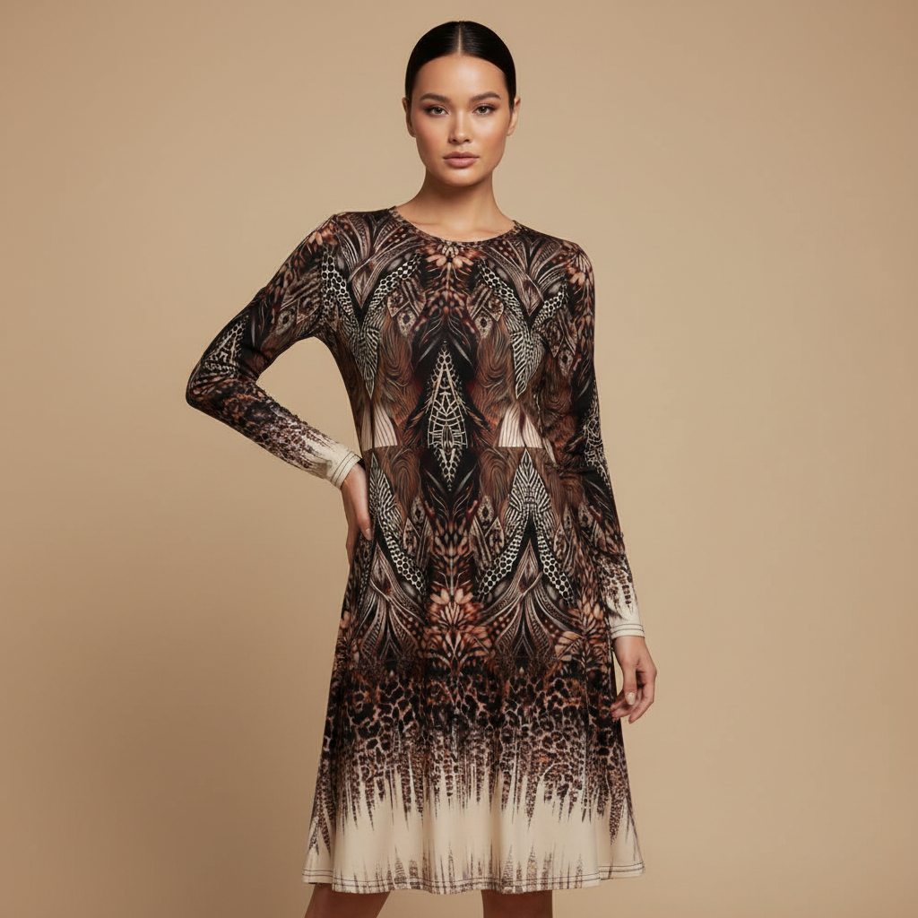 All-over print long sleeve midi dress 166A