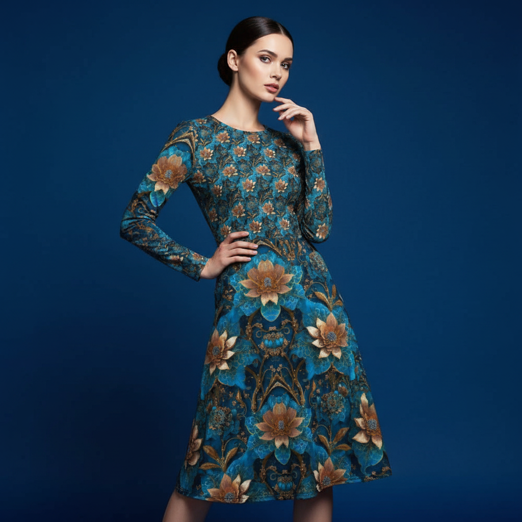 All-over print long sleeve midi dress 59B