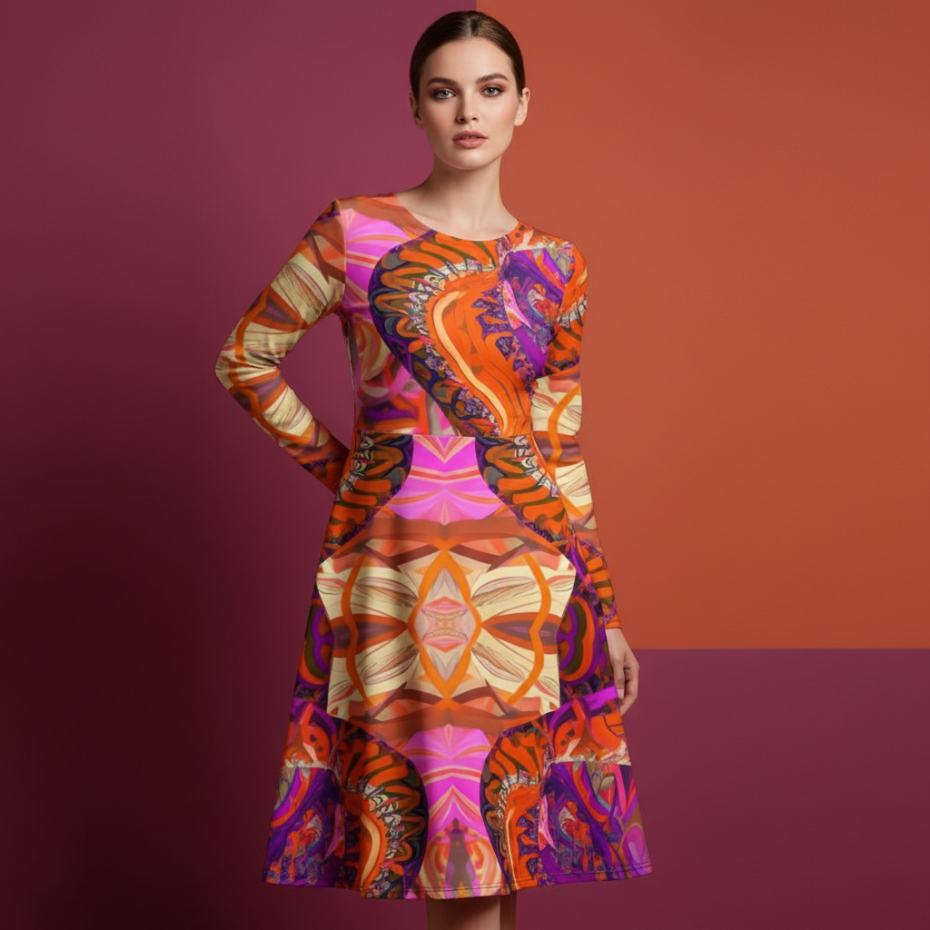 All-over print long sleeve midi dress 197