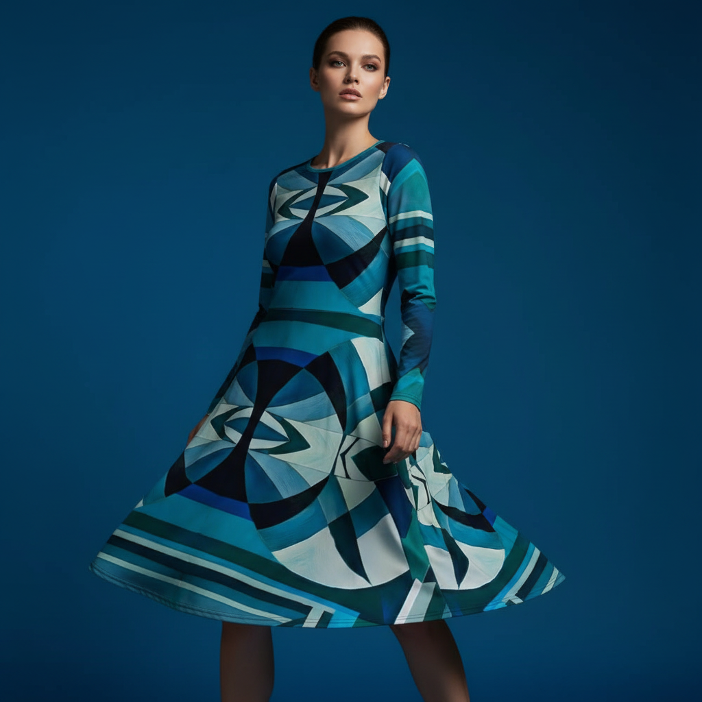 All-over print long sleeve midi dress 212