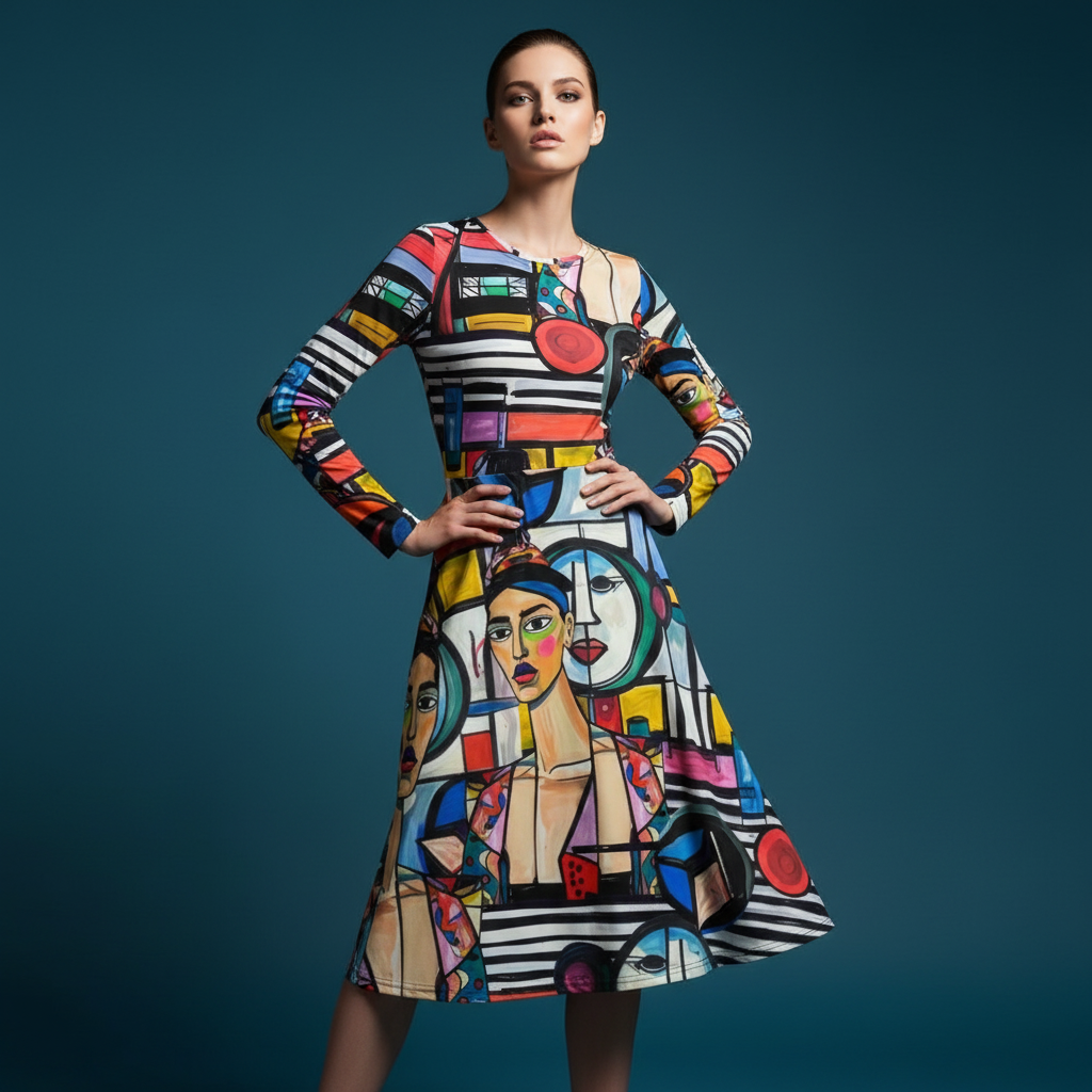 All-over print long sleeve midi dress 207B