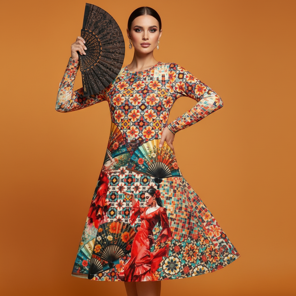 All-over print long sleeve midi dress 204A