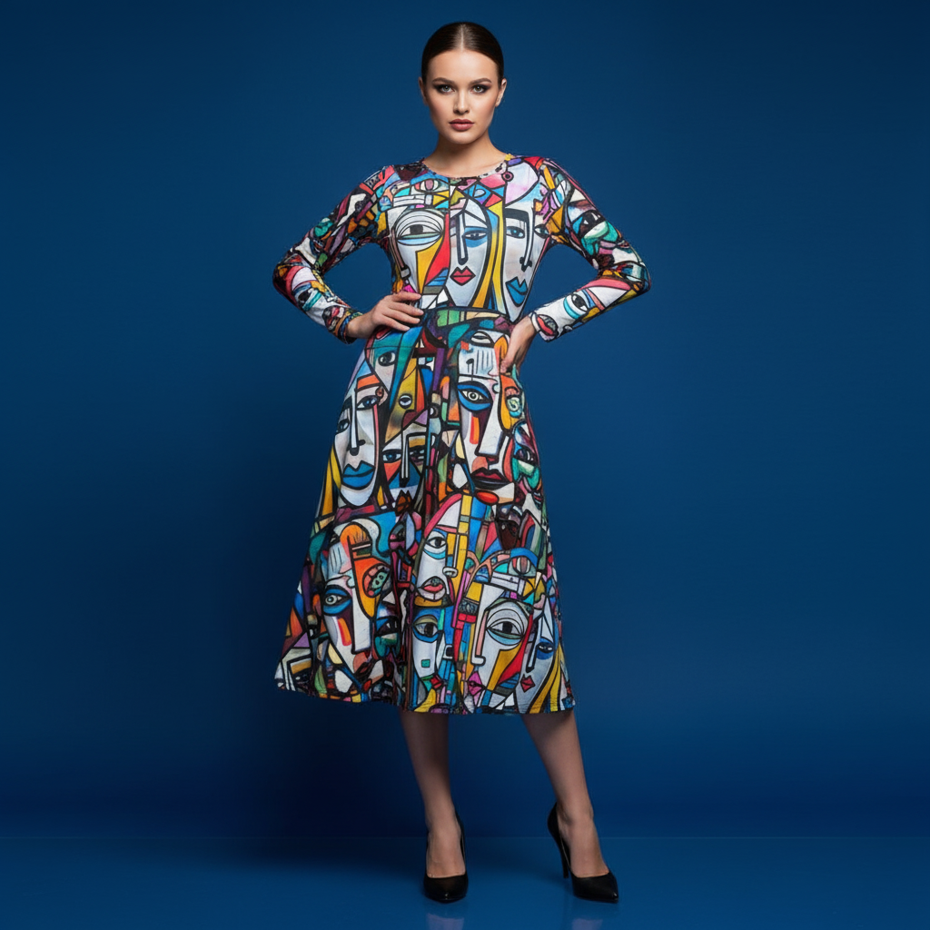 All-over print long sleeve midi dress 253B