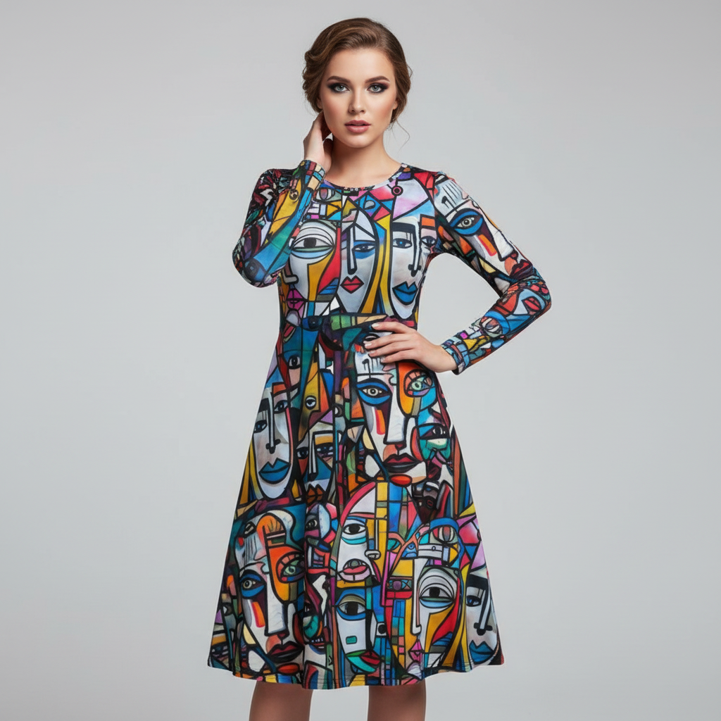 All-over print long sleeve midi dress 253B