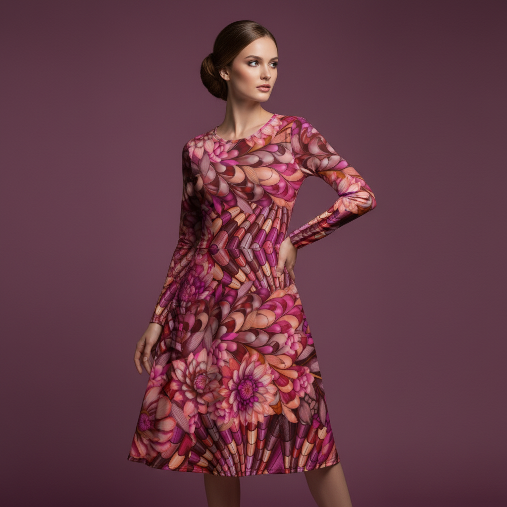 All-over print long sleeve midi dress 246C2kl4