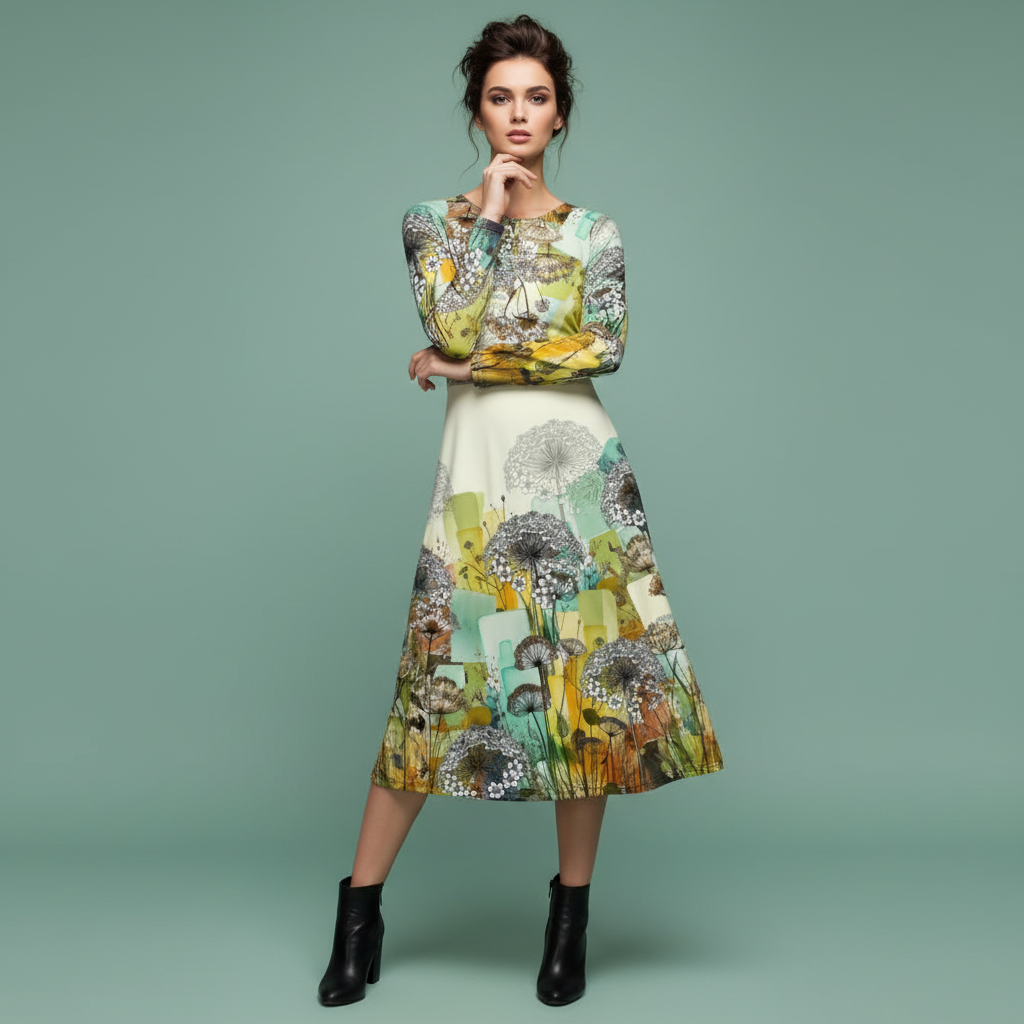 All-over print long sleeve midi dress 250
