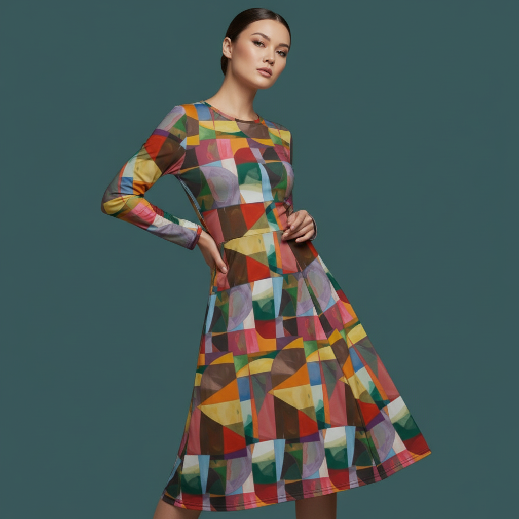 All-over print long sleeve midi dress 245B