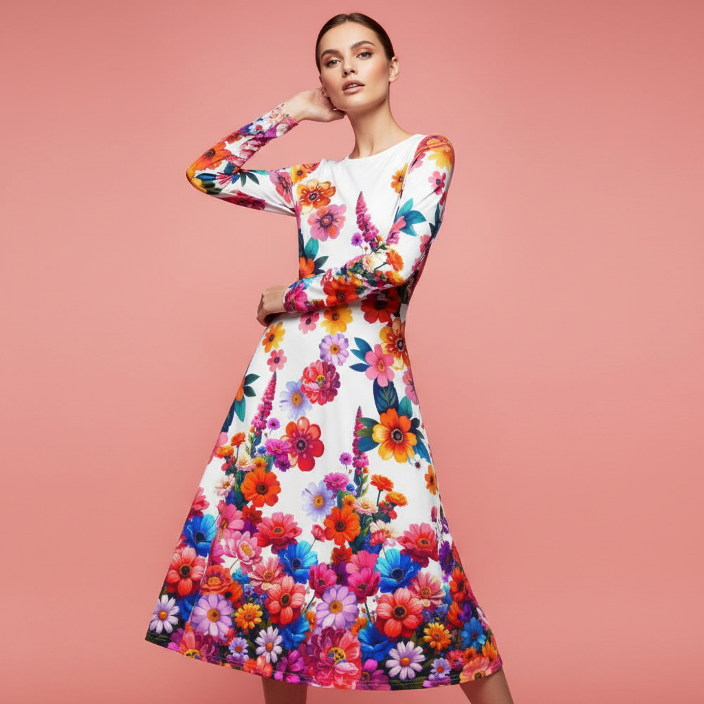 All-over print long sleeve midi dress 243