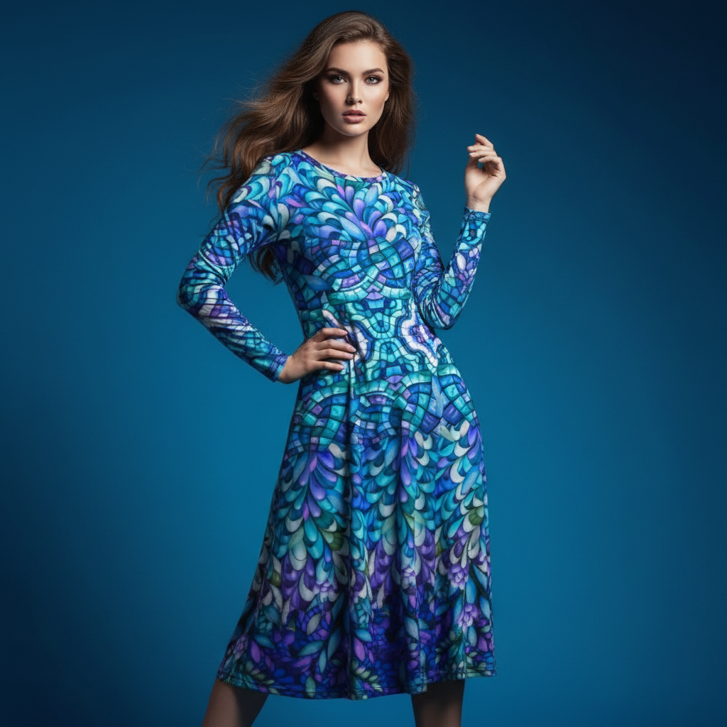 All-over print long sleeve midi dress 246B2