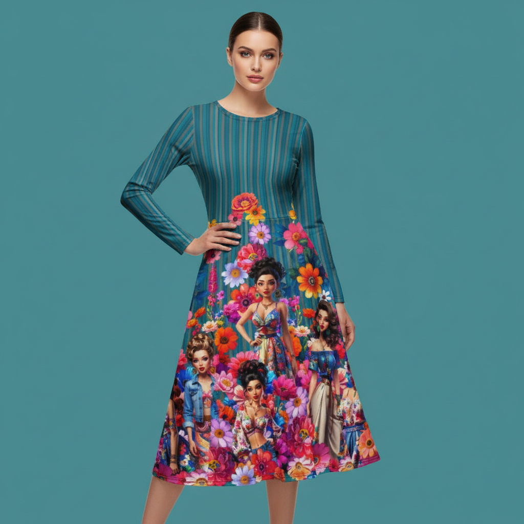 All-over print long sleeve midi dress 243C2b