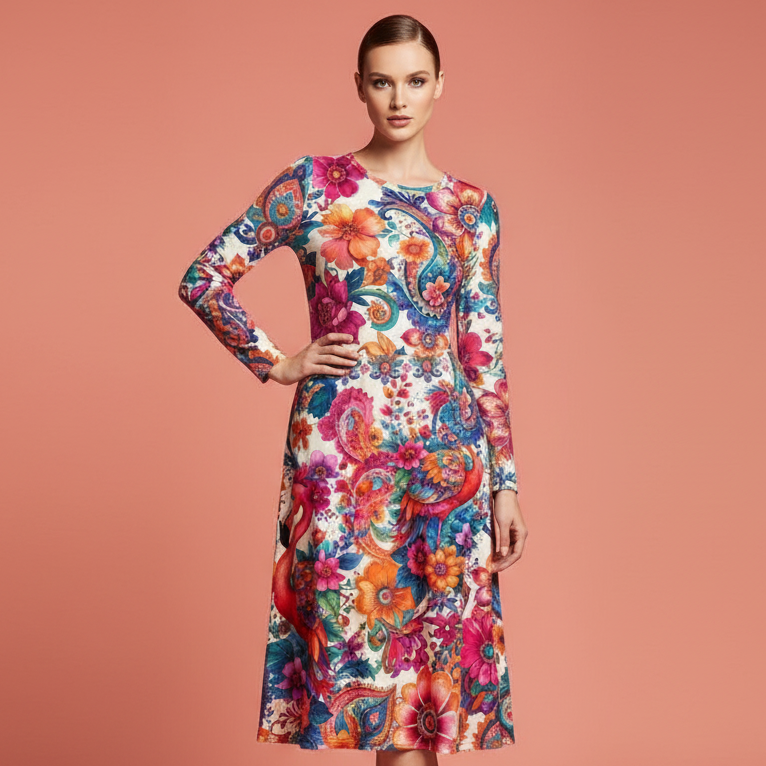 All-over print long sleeve midi dress 238B