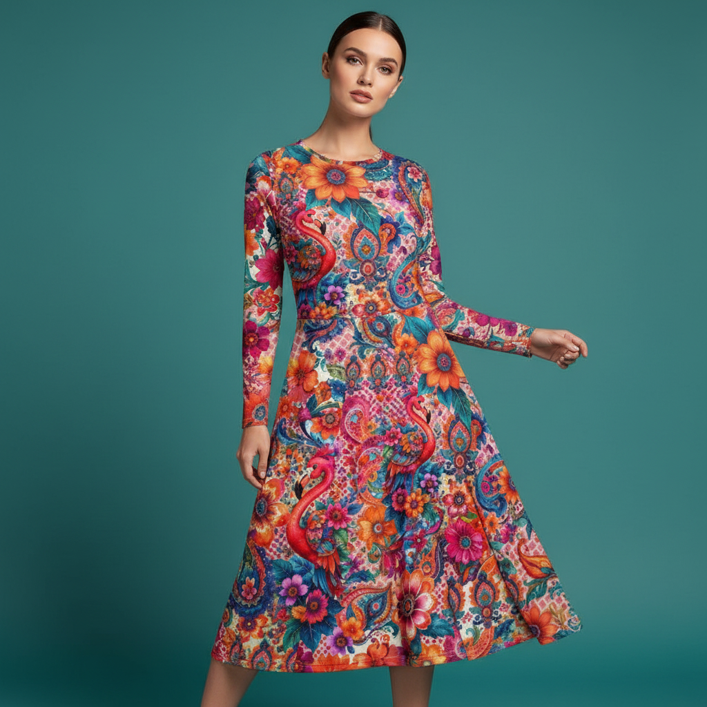 All-over print long sleeve midi dress 238B2