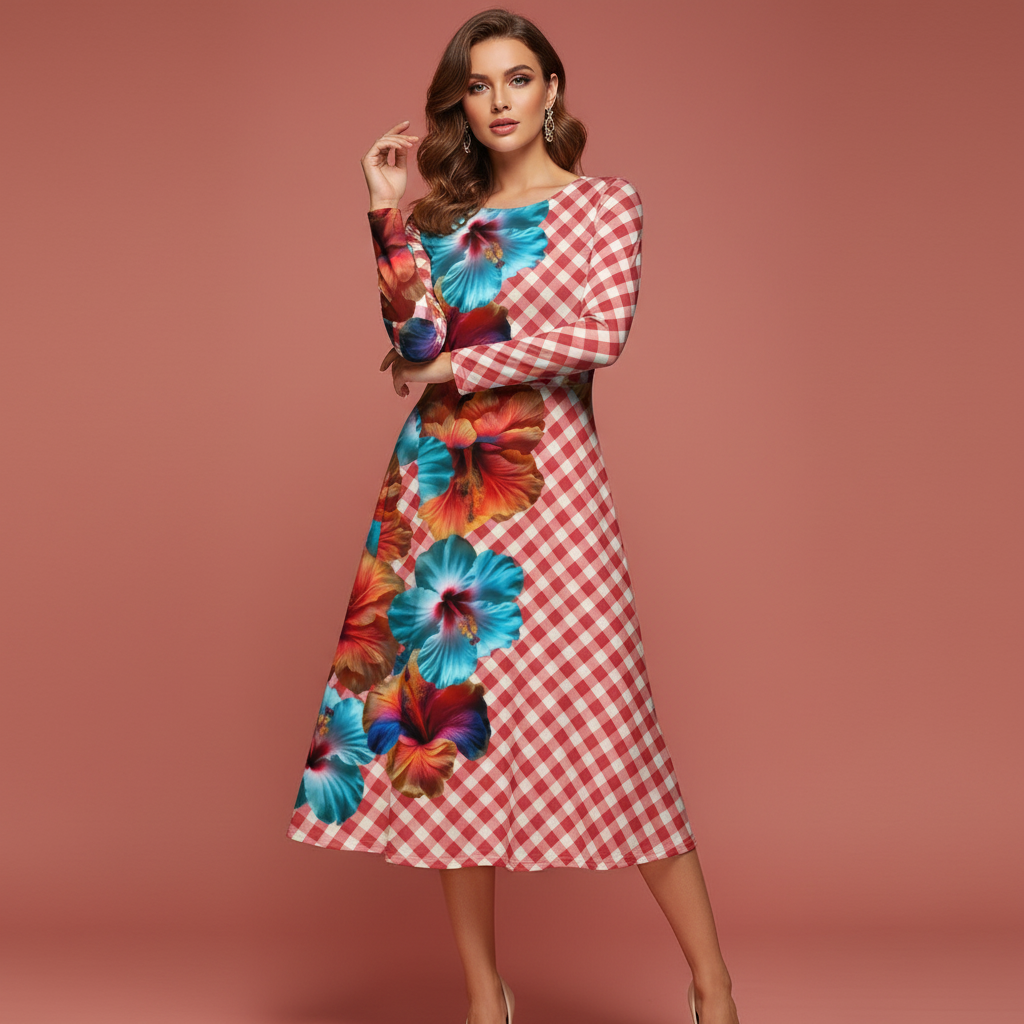 All-over print long sleeve midi dress 231B2