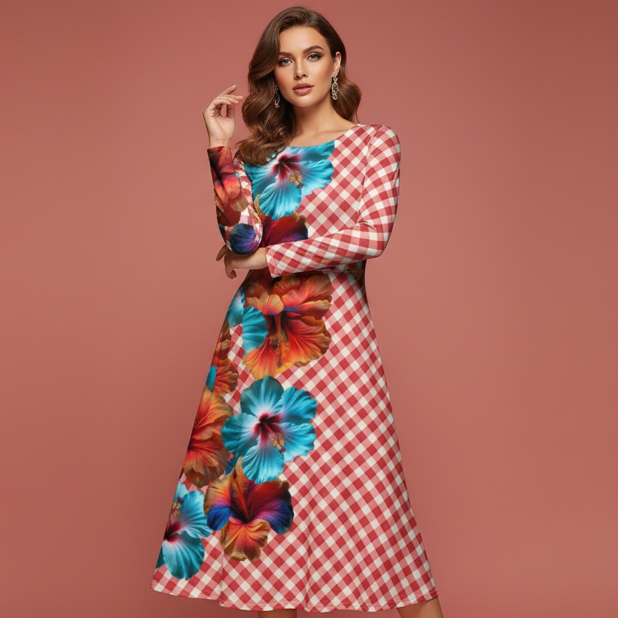 All-over print long sleeve midi dress 231B2