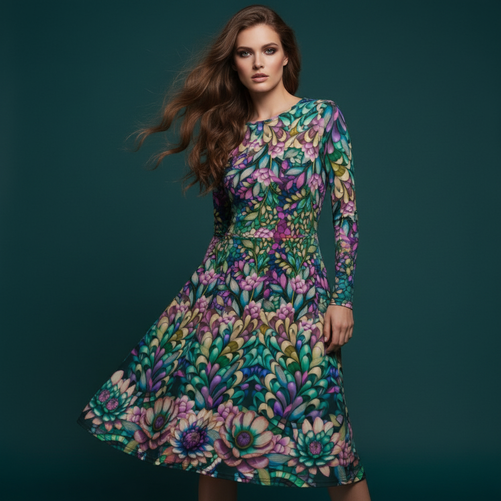 All-over print long sleeve midi dress 246Bkl2