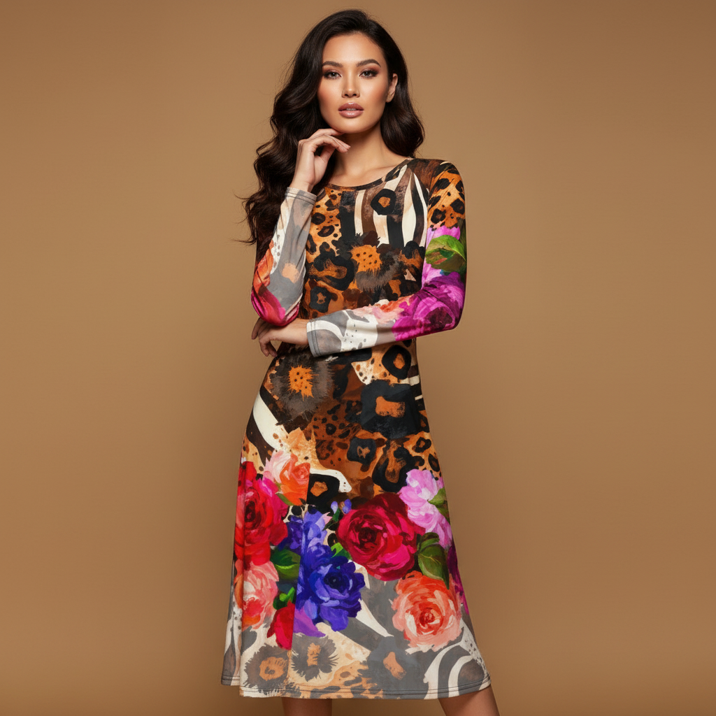 All-over print long sleeve midi dress 235B2b