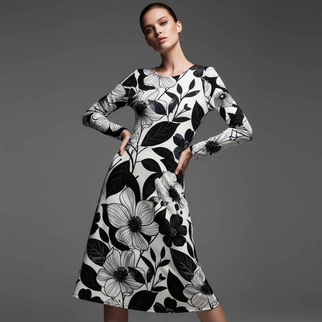 All-over print long sleeve midi dress 236B