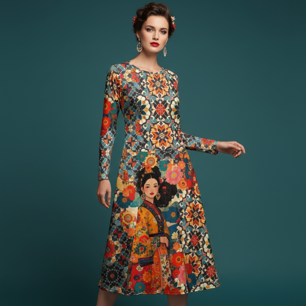 All-over print long sleeve midi dress 229