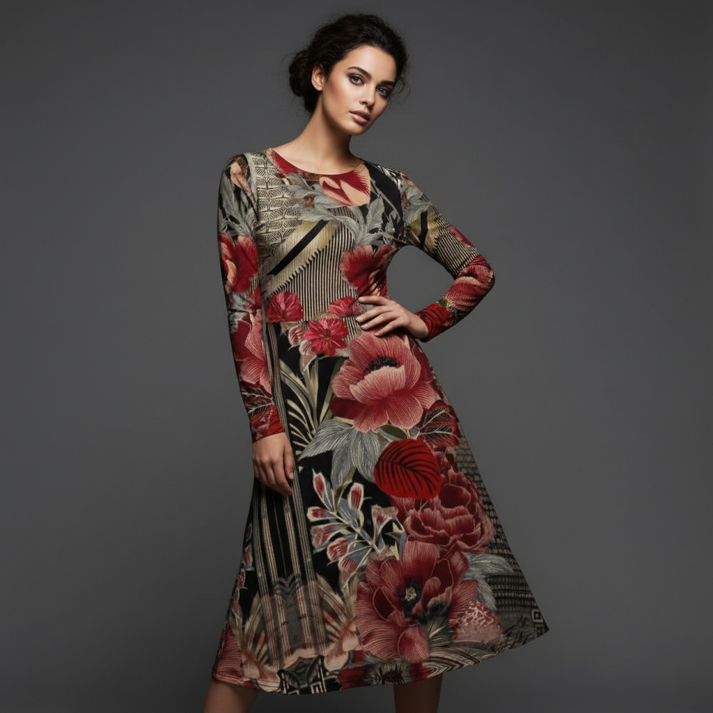 All-over print long sleeve midi dress 216