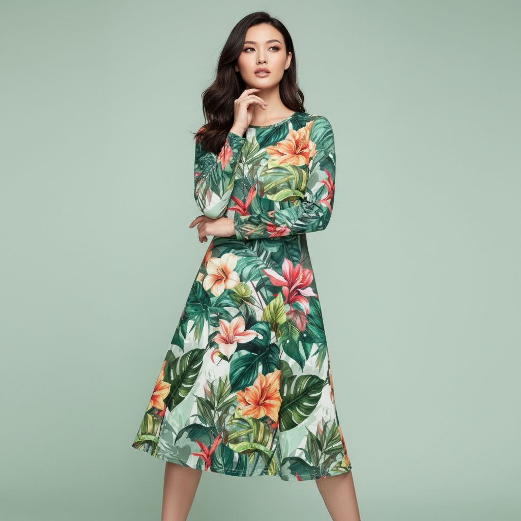 All-over print long sleeve midi dress 241B
