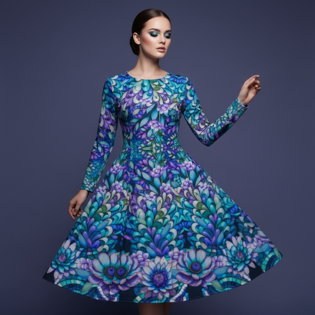 All-over print long sleeve midi dress 246B