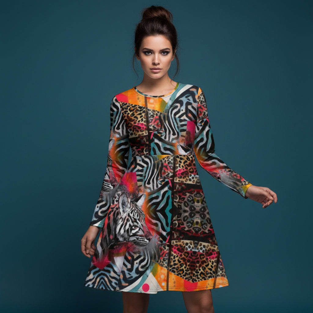 All-over print long sleeve midi dress 5B2