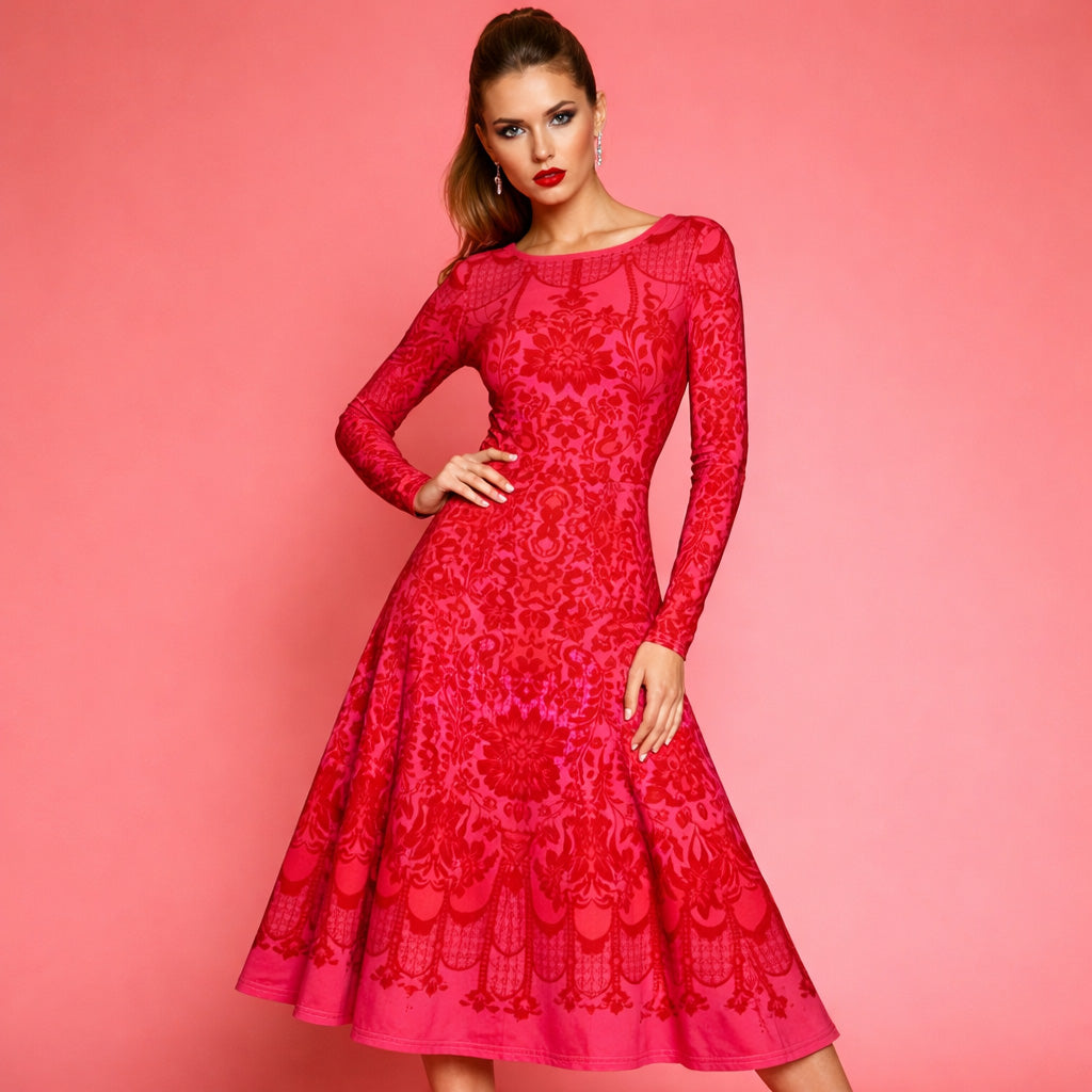 All-over print long sleeve midi dress 358Bkl5