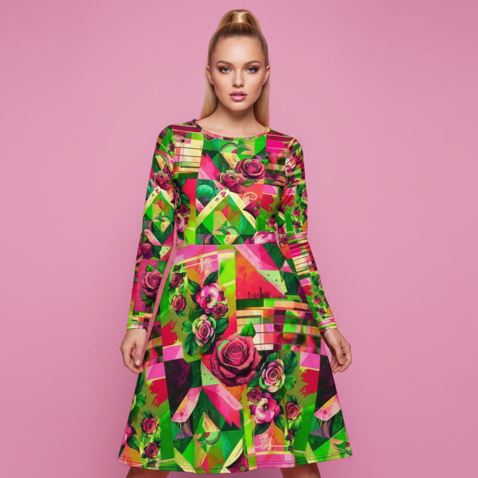 All-over print long sleeve midi dress 363C
