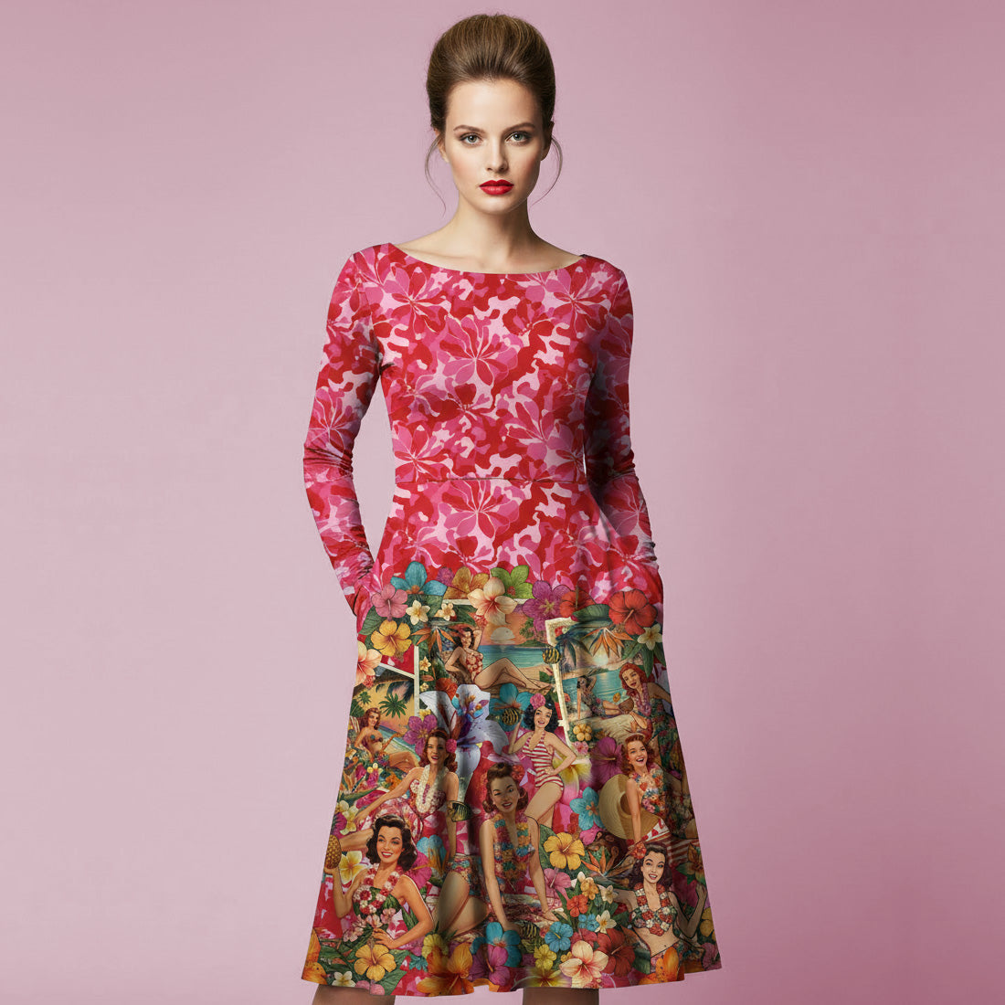 All-over print long sleeve midi dress 297Ckl2b