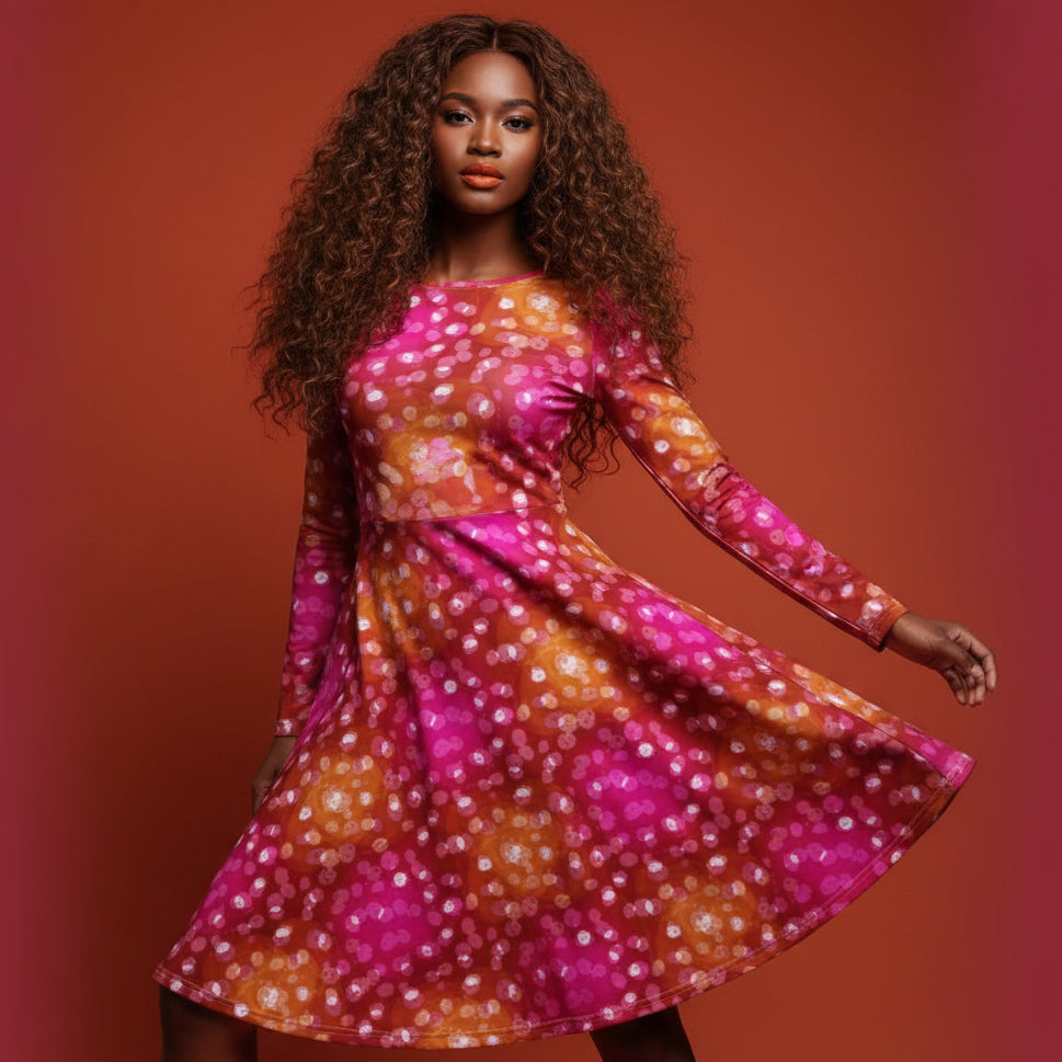 All-over print long sleeve midi dress 355Bkl2b