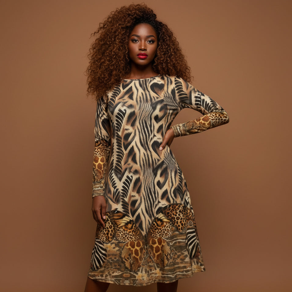 All-over print long sleeve midi dress 314B3