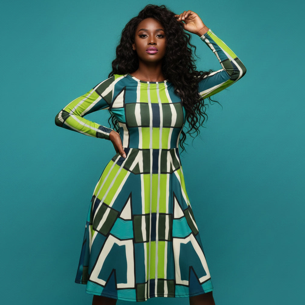 All-over print long sleeve midi dress 349Dkl1