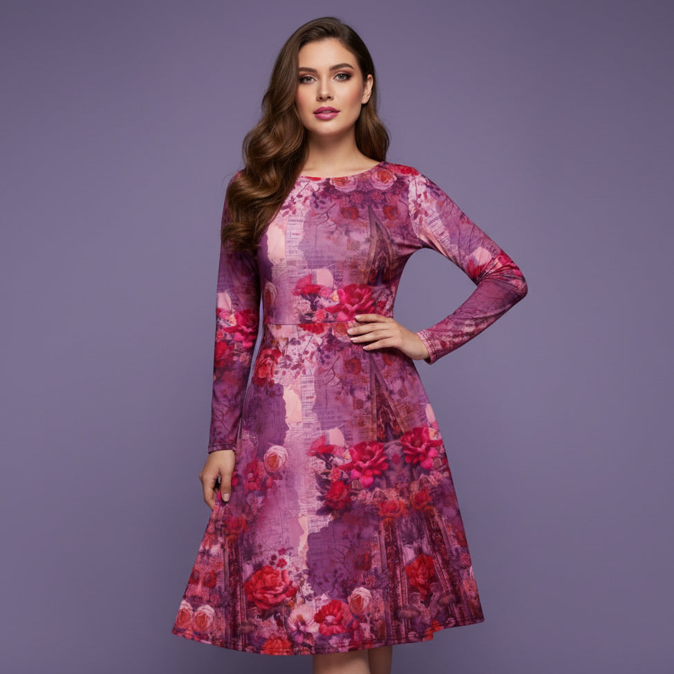 All-over print long sleeve midi dress 336kl2