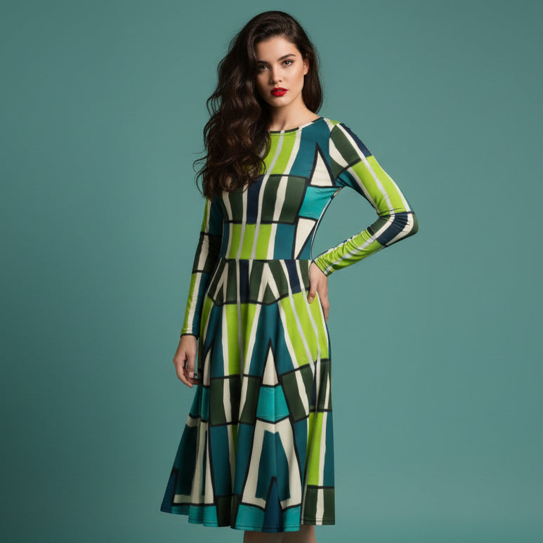 All-over print long sleeve midi dress 349Dkl1