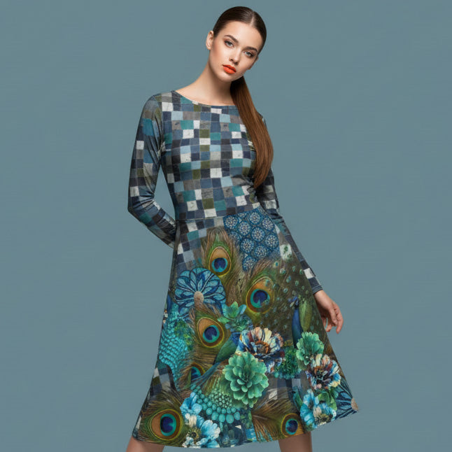 All-over print long sleeve midi dress 284D