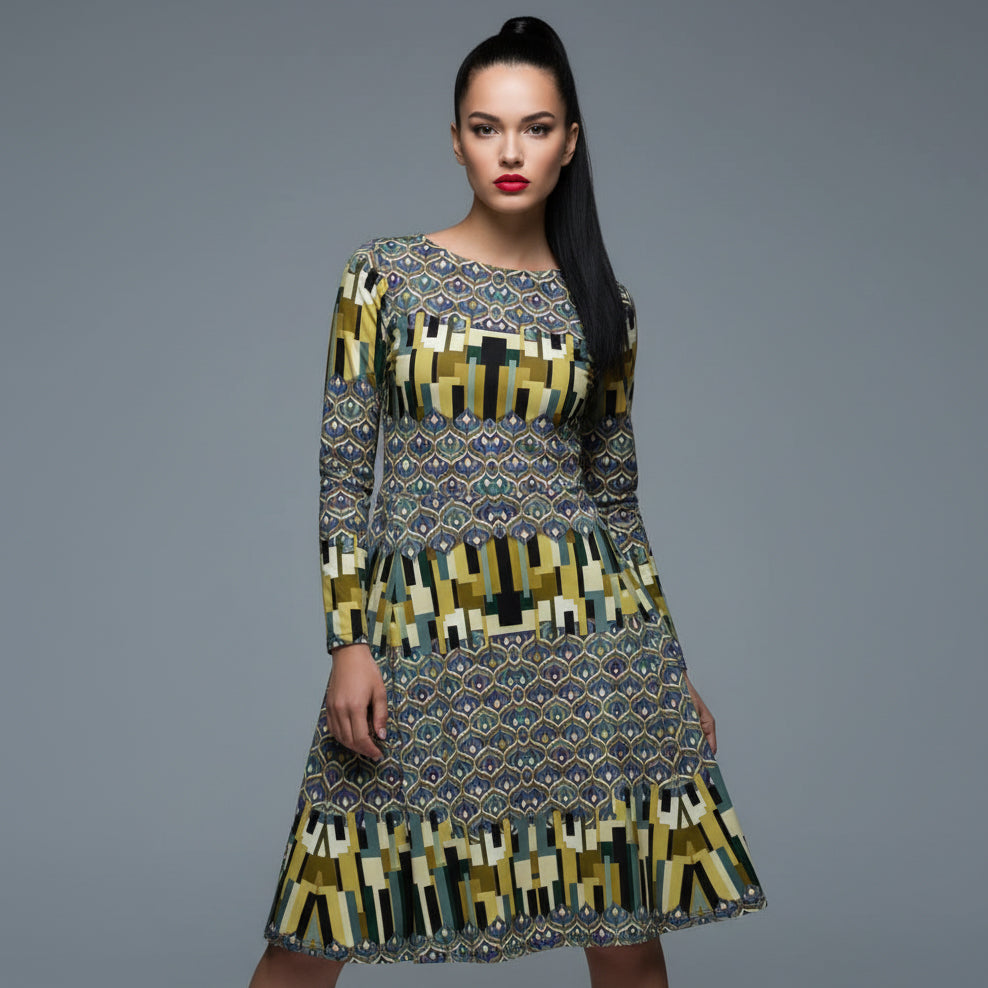 All-over print long sleeve midi dress 328kl5