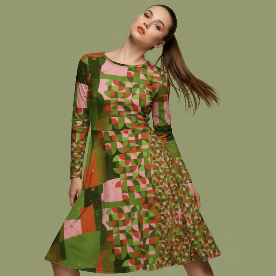 All-over print long sleeve midi dress 347Bkl6