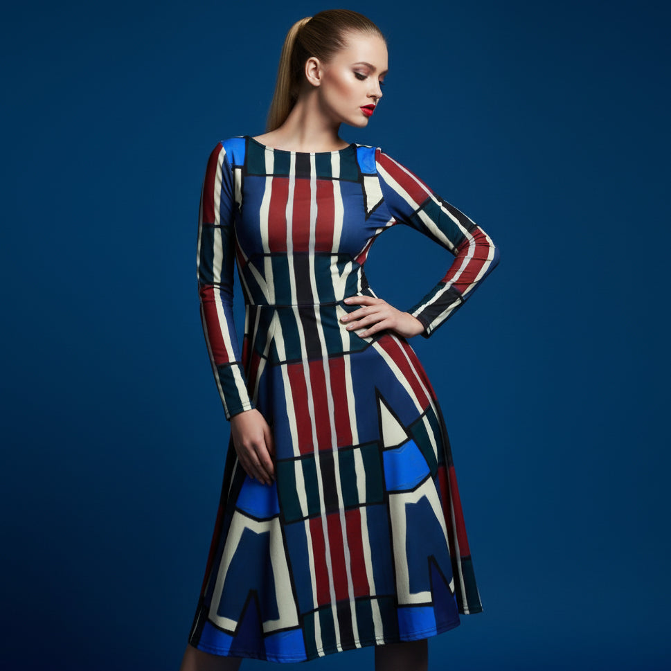 All-over print long sleeve midi dress 349Dkl3