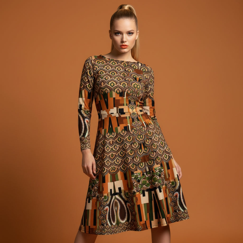 All-over print long sleeve midi dress 327kl1