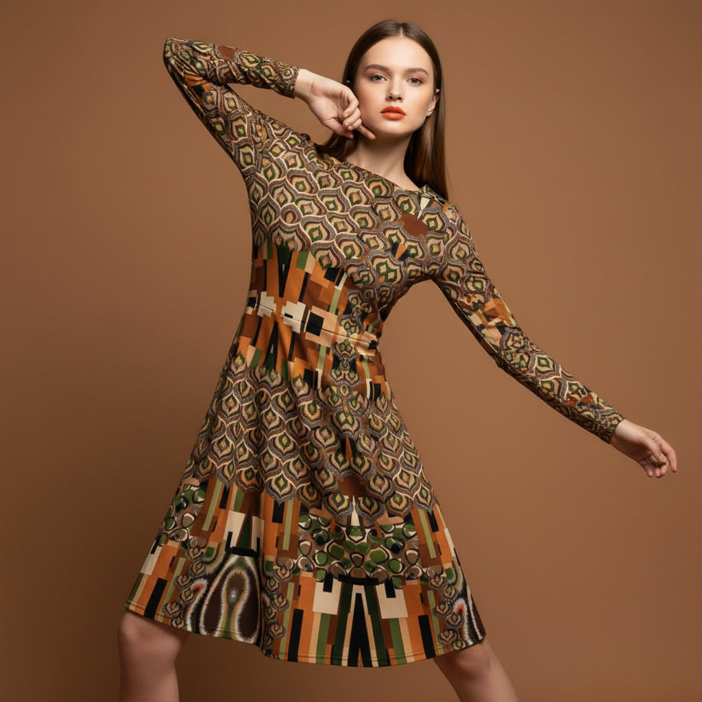 All-over print long sleeve midi dress 327kl1