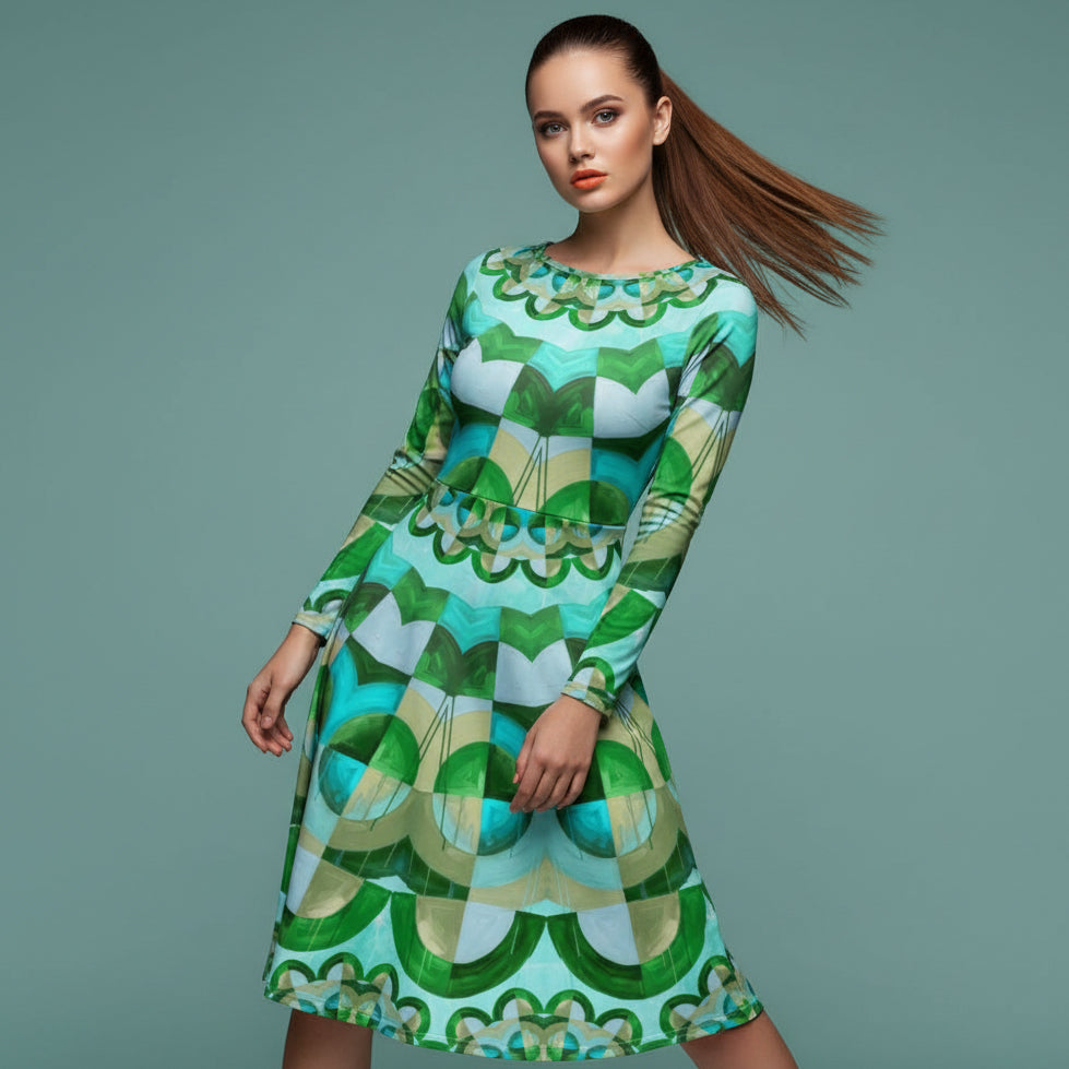 All-over print long sleeve midi dress 350kl2