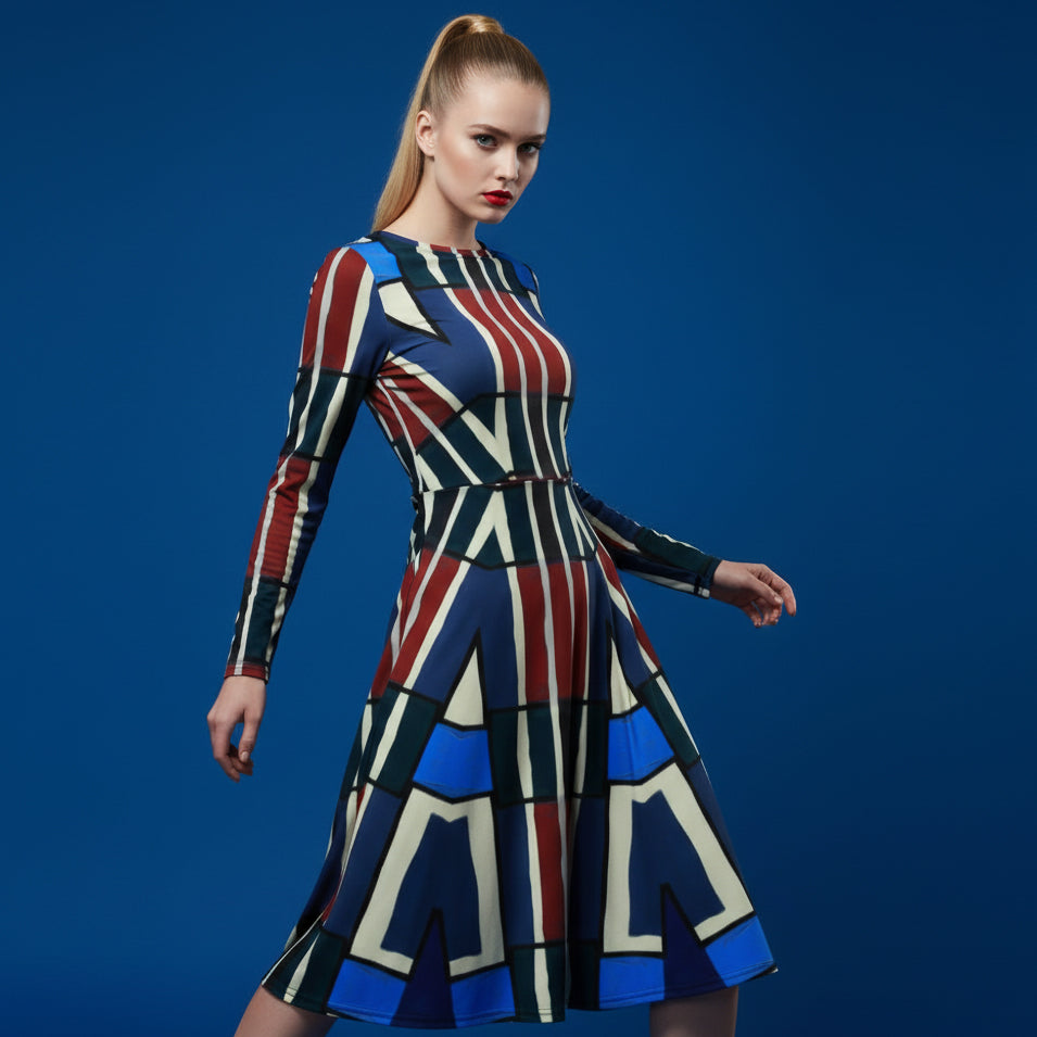 All-over print long sleeve midi dress 349Dkl3