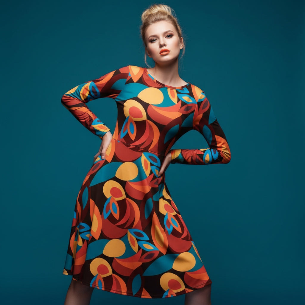 All-over print long sleeve midi dress 323kl1