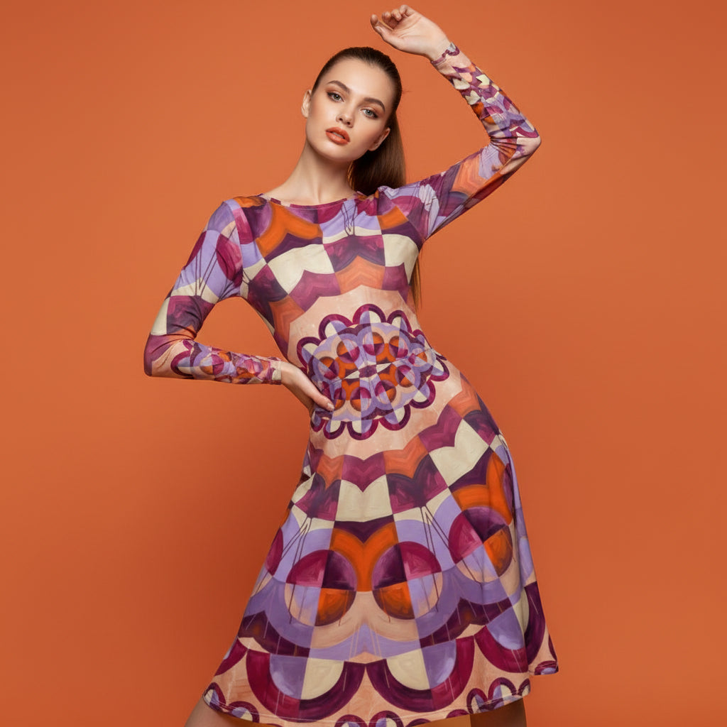 All-over print long sleeve midi dress 350kl1