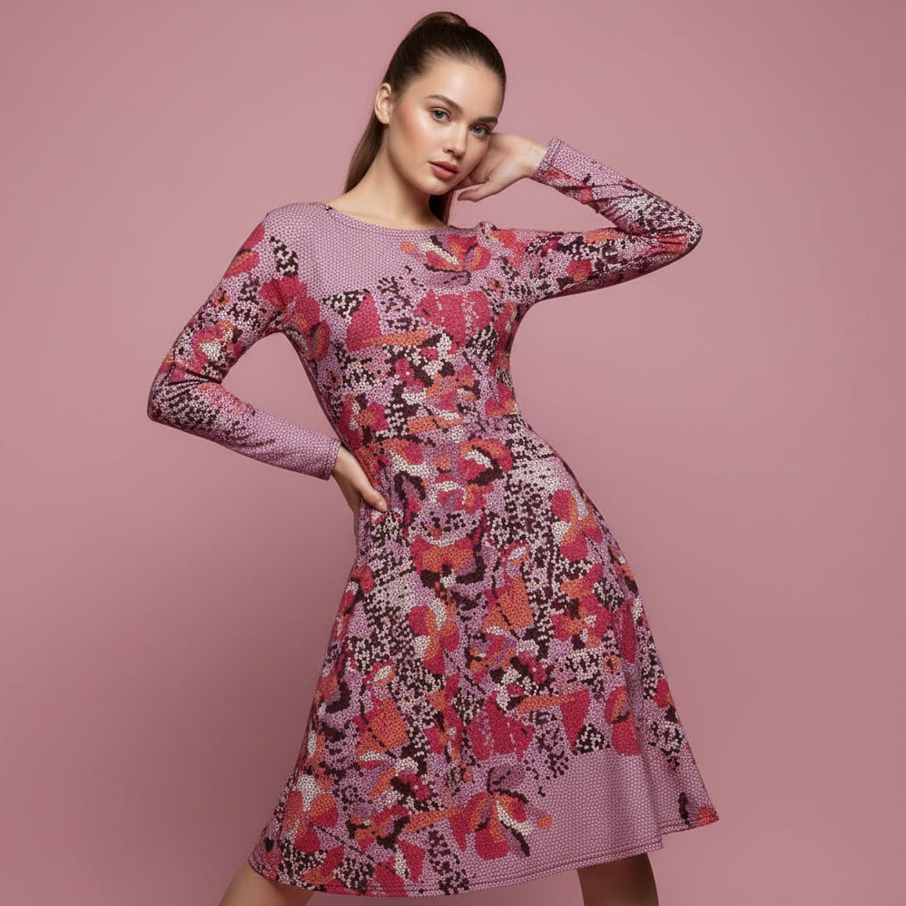 All-over print long sleeve midi dress 342kl2D
