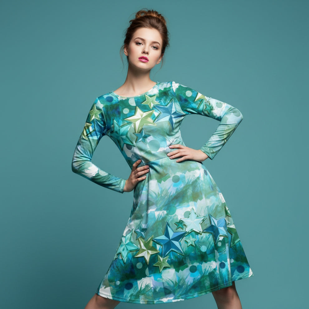 All-over print long sleeve midi dress 333kl2