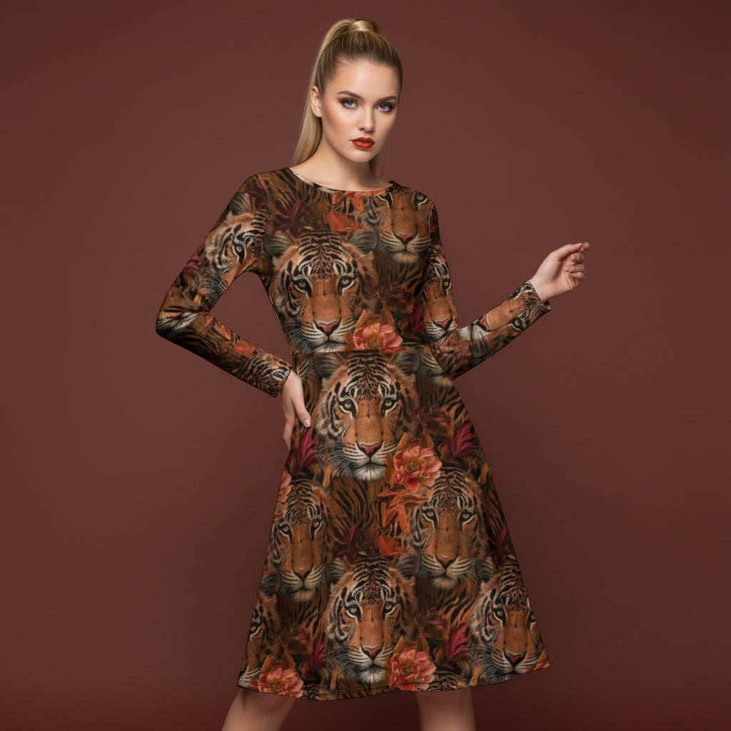 All-over print long sleeve midi dress 332